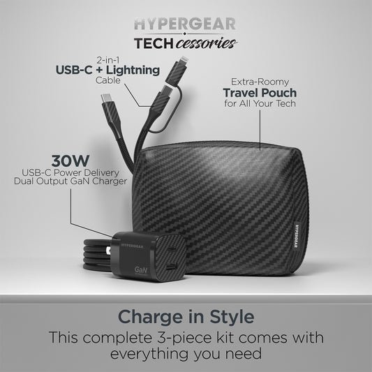 30W USB-C PD Charging Kit – Carbon Fiber Fast Charger Bundle with 6ft 2-in-1 Cable & Travel Pouch