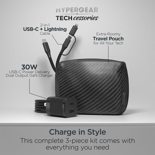 30W USB-C PD Charging Kit – Carbon Fiber Fast Charger Bundle with 6ft 2-in-1 Cable & Travel Pouch