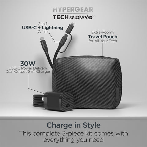 30W USB-C PD Charging Kit – Carbon Fiber Fast Charger Bundle with 6ft 2-in-1 Cable & Travel Pouch