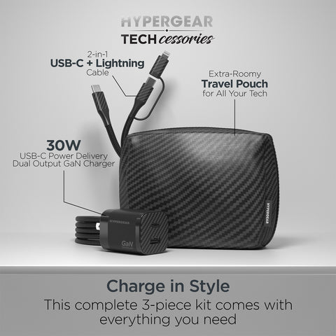 30W USB-C PD Charging Kit – Carbon Fiber Fast Charger Bundle with 6ft 2-in-1 Cable & Travel Pouch