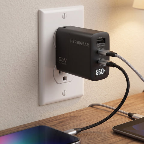 65W Tri-Port GaN USB-C Laptop Charger with Digital Display – Dual USB-C PD/PPS Fast Charger for Laptops, Tablets & Smartphones | Black