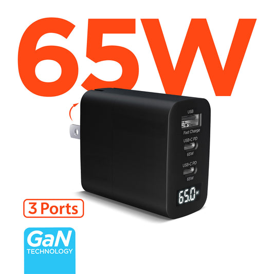 65W Tri-Port GaN USB-C Laptop Charger with Digital Display – Dual USB-C PD/PPS Fast Charger for Laptops, Tablets & Smartphones | Black