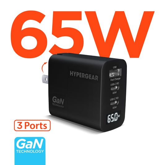 SpeedBoost 65W Tri-Port GaN USB-C Laptop Charger with Digital Display – Dual USB-C PD/PPS Fast Charger for Laptops, Tablets & Smartphones | Black