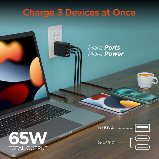 65W Tri-Port GaN USB-C Laptop Charger with Digital Display – Dual USB-C PD/PPS Fast Charger for Laptops, Tablets & Smartphones | Black