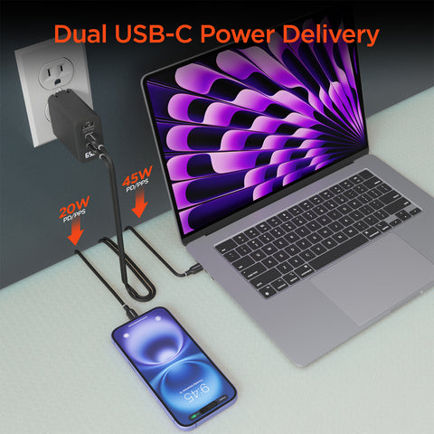 65W Tri-Port GaN USB-C Laptop Charger with Digital Display – Dual USB-C PD/PPS Fast Charger for Laptops, Tablets & Smartphones | Black