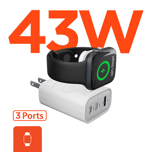 43W 4-in-1 Wall Charger with Apple Watch Charger – Dual USB-C PD Fast Charger for iPhone, iPad, AirPods & Apple Watch | White