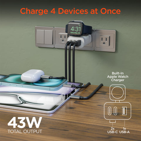 43W 4-in-1 Wall Charger with Apple Watch Charger – Dual USB-C PD Fast Charger for iPhone, iPad, AirPods & Apple Watch | White