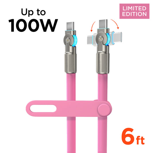 100W USB-C to USB-C Rugged Fast Charge Cable – 6ft Heavy-Duty Swivel Charging Cable | Pink