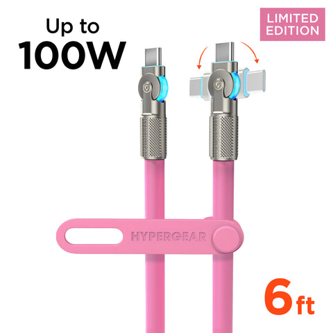 100W USB-C to USB-C Rugged Fast Charge Cable – 6ft Heavy-Duty Swivel Charging Cable | Pink
