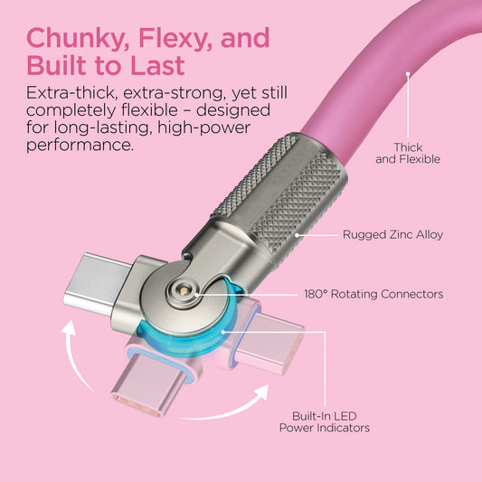 100W USB-C to USB-C Rugged Fast Charge Cable – 6ft Heavy-Duty Swivel Charging Cable | Pink