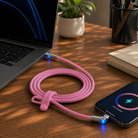 100W USB-C to USB-C Rugged Fast Charge Cable – 6ft Heavy-Duty Swivel Charging Cable | Pink
