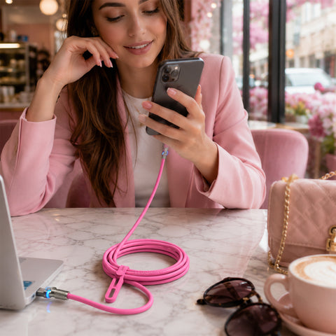 100W USB-C to USB-C Rugged Fast Charge Cable – 12ft Extra-Long Heavy-Duty Swivel Charging Cable | Pink