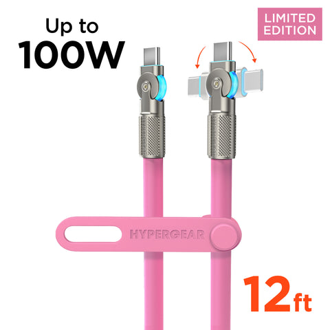 100W USB-C to USB-C Rugged Fast Charge Cable – 12ft Extra-Long Heavy-Duty Swivel Charging Cable | Pink