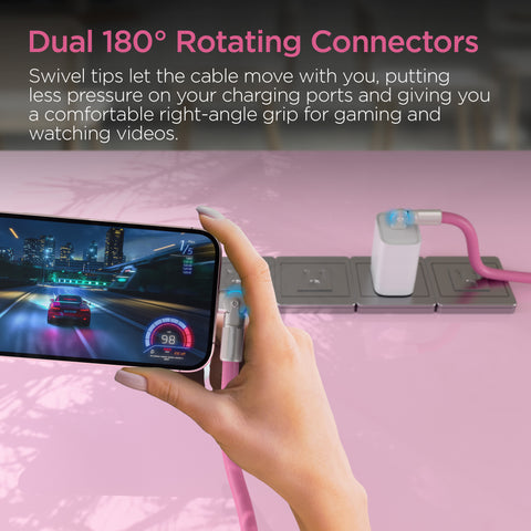 100W USB-C to USB-C Rugged Fast Charge Cable – 12ft Extra-Long Heavy-Duty Swivel Charging Cable | Pink