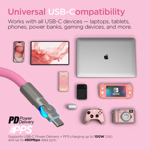 100W USB-C to USB-C Rugged Fast Charge Cable – 12ft Extra-Long Heavy-Duty Swivel Charging Cable | Pink