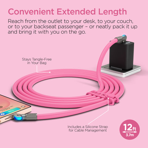 100W USB-C to USB-C Rugged Fast Charge Cable – 12ft Extra-Long Heavy-Duty Swivel Charging Cable | Pink