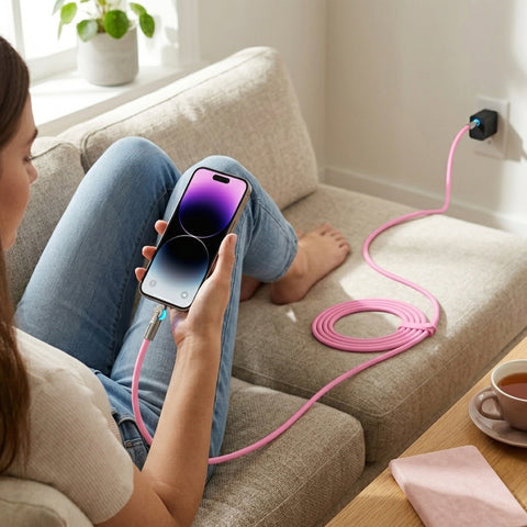 100W USB-C to USB-C Rugged Fast Charge Cable – 12ft Extra-Long Heavy-Duty Swivel Charging Cable | Pink
