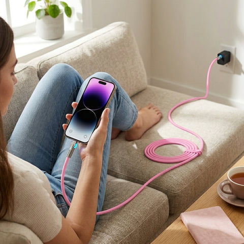 100W USB-C to USB-C Rugged Fast Charge Cable – 12ft Extra-Long Heavy-Duty Swivel Charging Cable | Pink