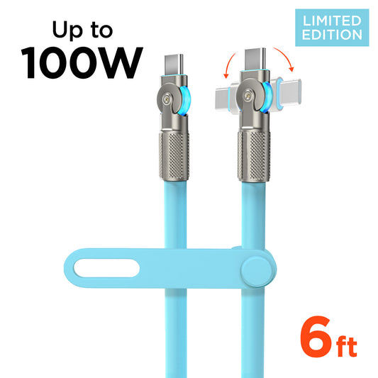100W USB-C to USB-C Rugged Fast Charge Cable – 6ft Heavy-Duty Swivel Charging Cable | Sky Blue