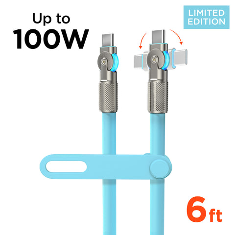 100W USB-C to USB-C Rugged Fast Charge Cable – 6ft Heavy-Duty Swivel Charging Cable | Sky Blue