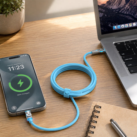 100W USB-C to USB-C Rugged Fast Charge Cable – 12ft Extra-Long Heavy-Duty Swivel Charging Cable | Sky Blue