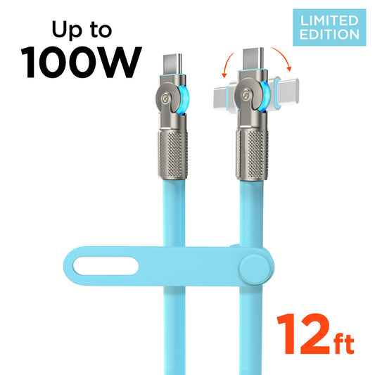 100W USB-C to USB-C Rugged Fast Charge Cable – 12ft Extra-Long Heavy-Duty Swivel Charging Cable | Sky Blue
