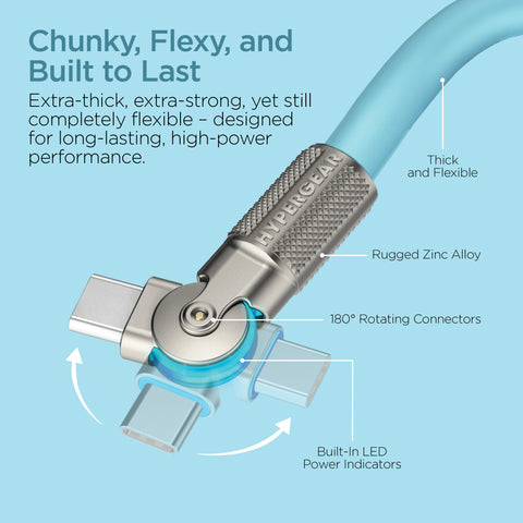 100W USB-C to USB-C Rugged Fast Charge Cable – 12ft Extra-Long Heavy-Duty Swivel Charging Cable | Sky Blue