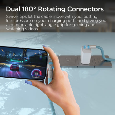 100W USB-C to USB-C Rugged Fast Charge Cable – 12ft Extra-Long Heavy-Duty Swivel Charging Cable | Sky Blue