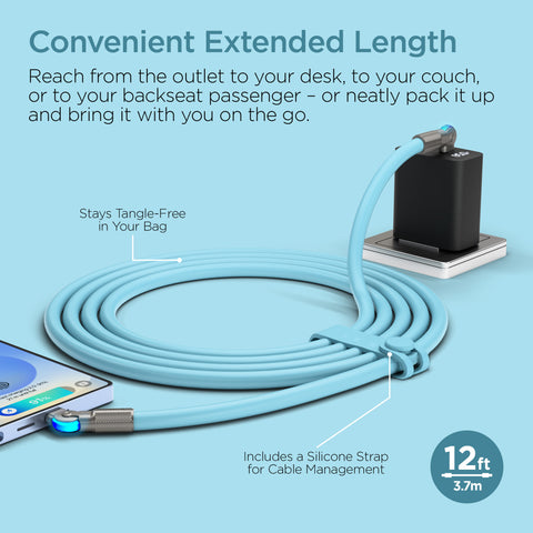 100W USB-C to USB-C Rugged Fast Charge Cable – 12ft Extra-Long Heavy-Duty Swivel Charging Cable | Sky Blue