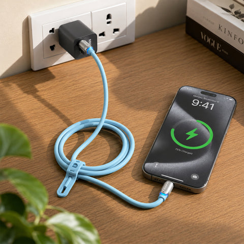 100W USB-C to USB-C Rugged Fast Charge Cable – 12ft Extra-Long Heavy-Duty Swivel Charging Cable | Sky Blue