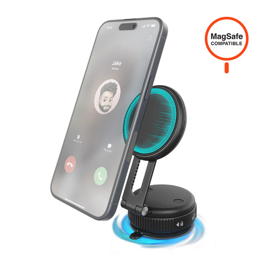 Mag Vac Magnetic Phone Mount with Vacuum Suction Cup Base | Black MagSafe-Compatible Multi-Surface Magnetic Phone Mount with Foldable Travel Design