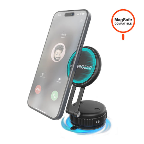 Mag Vac Magnetic Phone Mount with Vacuum Suction Cup Base | Black MagSafe-Compatible Multi-Surface Magnetic Phone Mount with Foldable Travel Design
