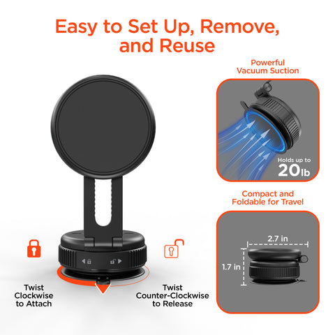 Mag Vac Magnetic Phone Mount with Vacuum Suction Cup Base | Black MagSafe-Compatible Multi-Surface Magnetic Phone Mount with Foldable Travel Design