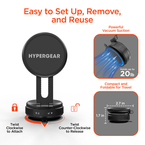 Mag Vac Magnetic Phone Mount with Vacuum Suction Cup Base | Black MagSafe-Compatible Multi-Surface Magnetic Phone Mount with Foldable Travel Design