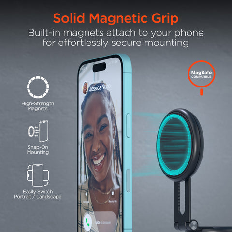 Mag Vac Magnetic Phone Mount with Vacuum Suction Cup Base | Black MagSafe-Compatible Multi-Surface Magnetic Phone Mount with Foldable Travel Design