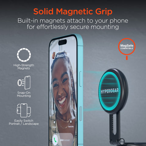 Mag Vac Magnetic Phone Mount with Vacuum Suction Cup Base | Black MagSafe-Compatible Multi-Surface Magnetic Phone Mount with Foldable Travel Design