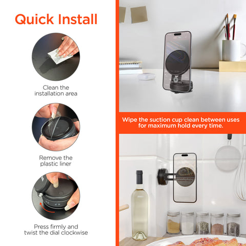Mag Vac Magnetic Phone Mount with Vacuum Suction Cup Base | Black MagSafe-Compatible Multi-Surface Magnetic Phone Mount with Foldable Travel Design