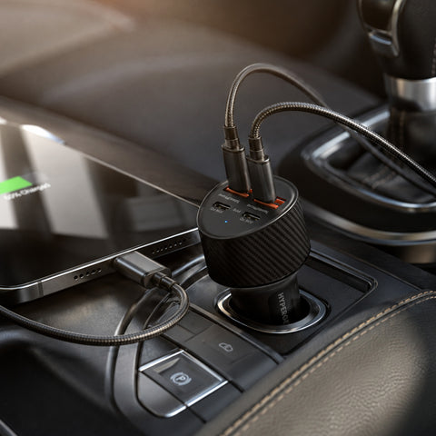 77W Quad-Port Fast Car Charger – Dual 30W USB-C PD/PPS Charger with 4 Ports for Phones, Tablets & Laptops