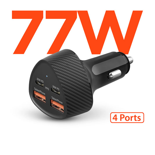 77W Quad-Port Fast Car Charger – Dual 30W USB-C PD/PPS Charger with 4 Ports for Phones, Tablets & Laptops