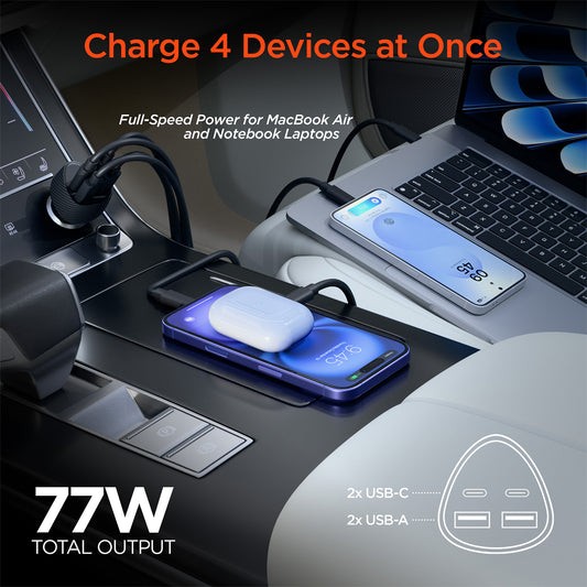 77W Quad-Port Fast Car Charger – Dual 30W USB-C PD/PPS Charger with 4 Ports for Phones, Tablets & Laptops