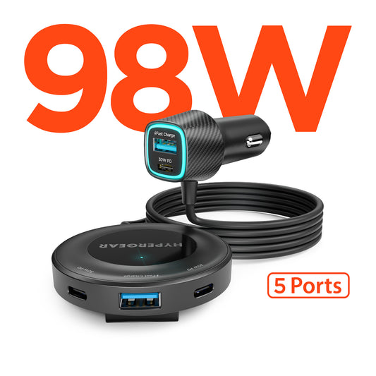 Road Runner 98W 5-Port Front & Backseat Fast Car Charger – Dual 30W USB-C PD/PPS Multi-Device Car Charging Station for Families & Travel
