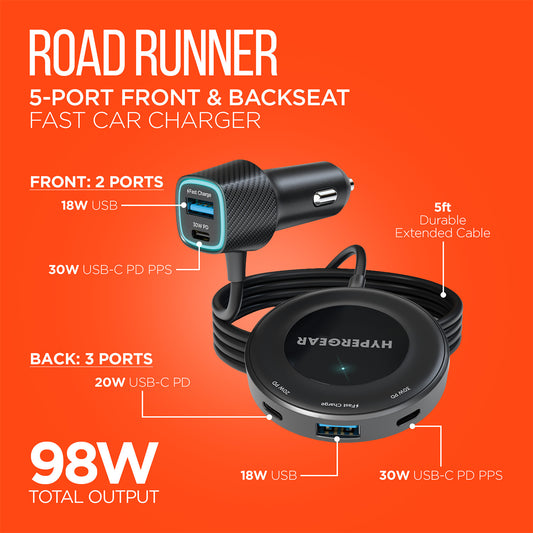 Road Runner 98W 5-Port Front & Backseat Fast Car Charger – Dual 30W USB-C PD/PPS Multi-Device Car Charging Station for Families & Travel