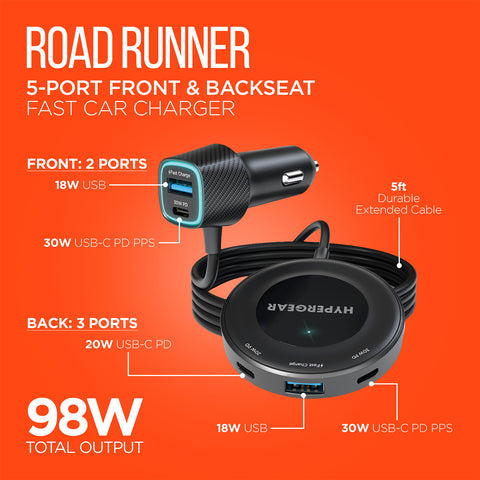 98W 5-Port Front & Backseat Fast Car Charger – Dual 30W USB-C PD/PPS Multi-Device Car Charging Station for Families & Travel