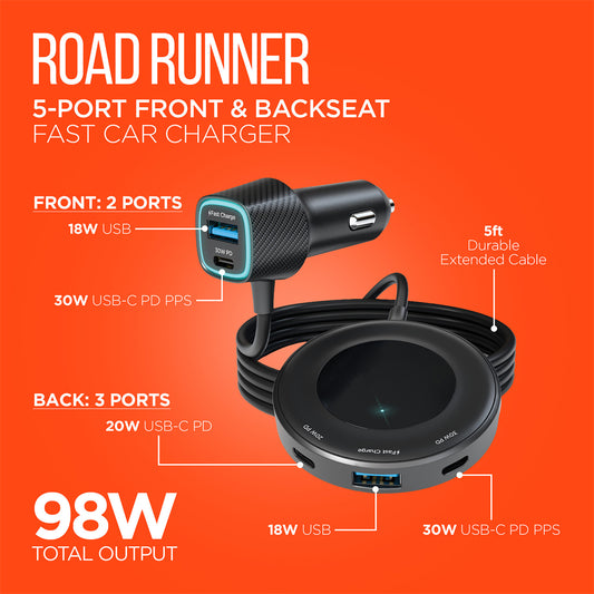 98W 5-Port Front & Backseat Fast Car Charger – Dual 30W USB-C PD/PPS Multi-Device Car Charging Station for Families & Travel