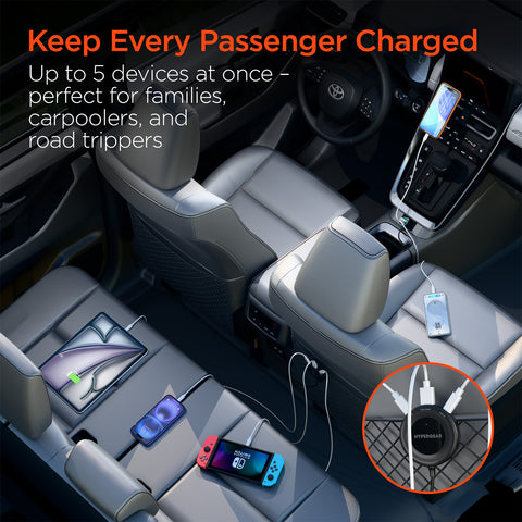 98W 5-Port Front & Backseat Fast Car Charger – Dual 30W USB-C PD/PPS Multi-Device Car Charging Station for Families & Travel
