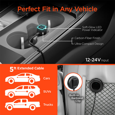 98W 5-Port Front & Backseat Fast Car Charger – Dual 30W USB-C PD/PPS Multi-Device Car Charging Station for Families & Travel