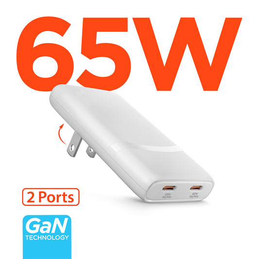 65W Dual USB-C PD Ultra-Slim GaN Wall Charger – Compact Fast Charger for Laptops, Tablets & Smartphones | White