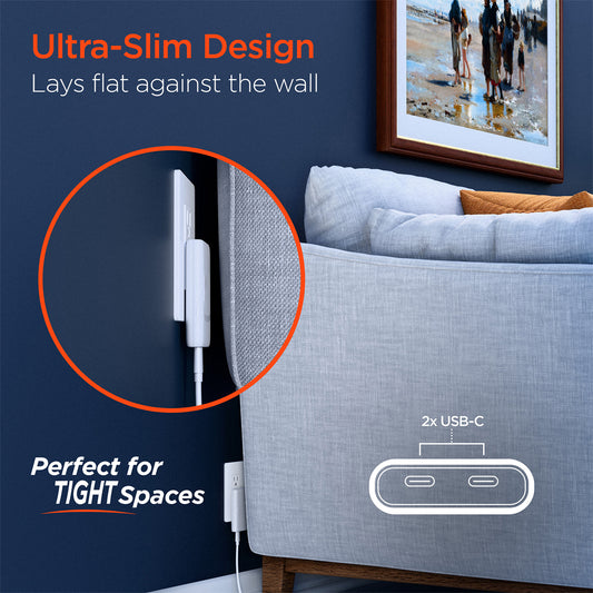 65W Dual USB-C PD Ultra-Slim GaN Wall Charger – Compact Fast Charger for Laptops, Tablets & Smartphones | White