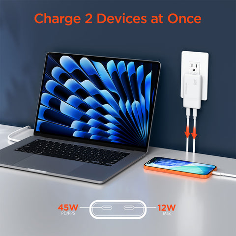 65W Dual USB-C PD Ultra-Slim GaN Wall Charger – Compact Fast Charger for Laptops, Tablets & Smartphones | White