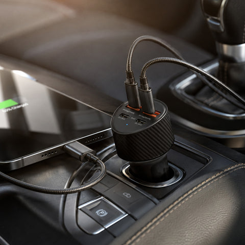 77W Quad-Port Fast Car Charger with 4ft USB-C Cable – Dual 30W USB-C PD/PPS Car Charger for Phones, Tablets & Laptops